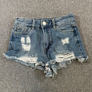 SWS Denim Co Womens High Rise Distressed Jean Shorts Blue Frayed Hem Size 25
